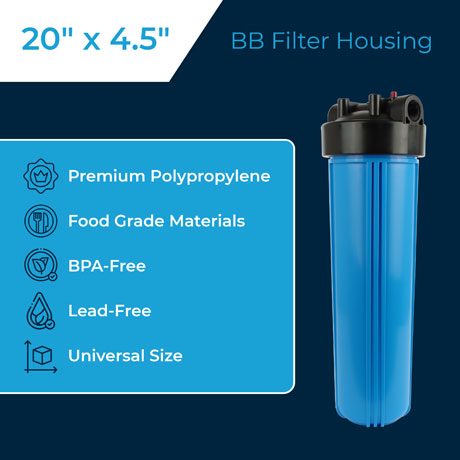 thumbnail image 2 of 2x 20x4.5 BB Whole House Filter Blue Housing – 1 Port, With Wrench, Gauge, Bracket, Max Water, W2BC 2 of 2